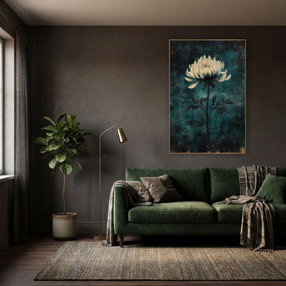 Ivory Chrysanthemum Teal Haze Moody wall art in a moody dark academia room – single cream chrysanthemum on a slender