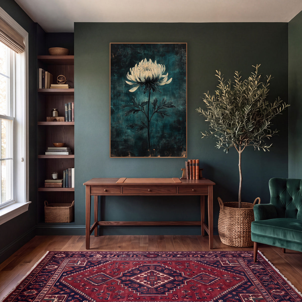 Ivory Chrysanthemum Teal Haze Moody wall art in a moody dark academia room – single cream chrysanthemum on a slender