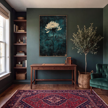 Ivory Chrysanthemum Teal Haze Moody wall art in a moody dark academia room – single cream chrysanthemum on a slender