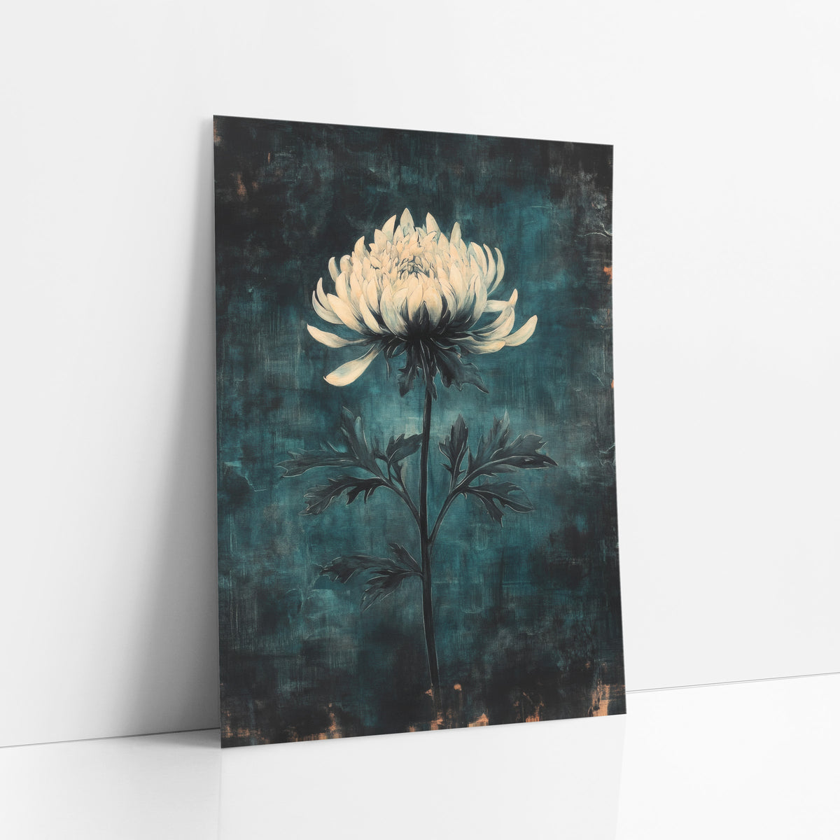 Ivory Chrysanthemum Teal Haze Moody art print leaning against a white wall – single cream chrysanthemum on a slender dark