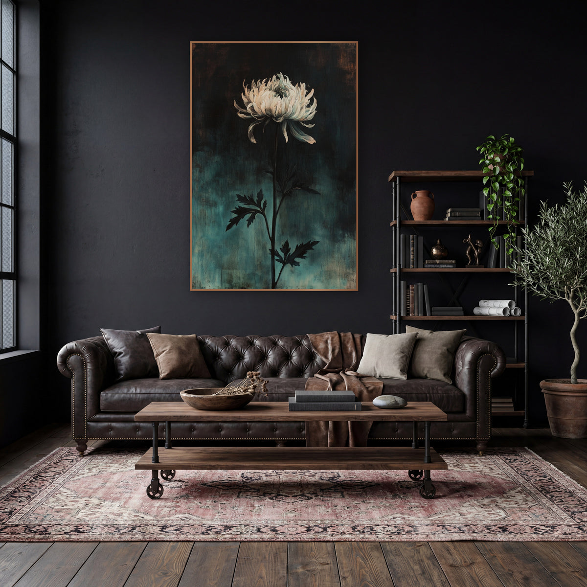 Drooping Chrysanthemum Dusk Dark Academia wall art in a moody dark academia room – single cream chrysanthemum