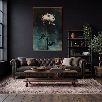 Drooping Chrysanthemum Dusk Dark Academia wall art in a moody dark academia room – single cream chrysanthemum