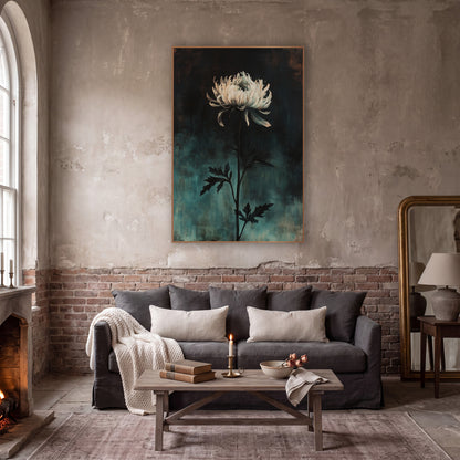 Drooping Chrysanthemum Dusk Dark Academia wall art in a moody dark academia room – single cream chrysanthemum