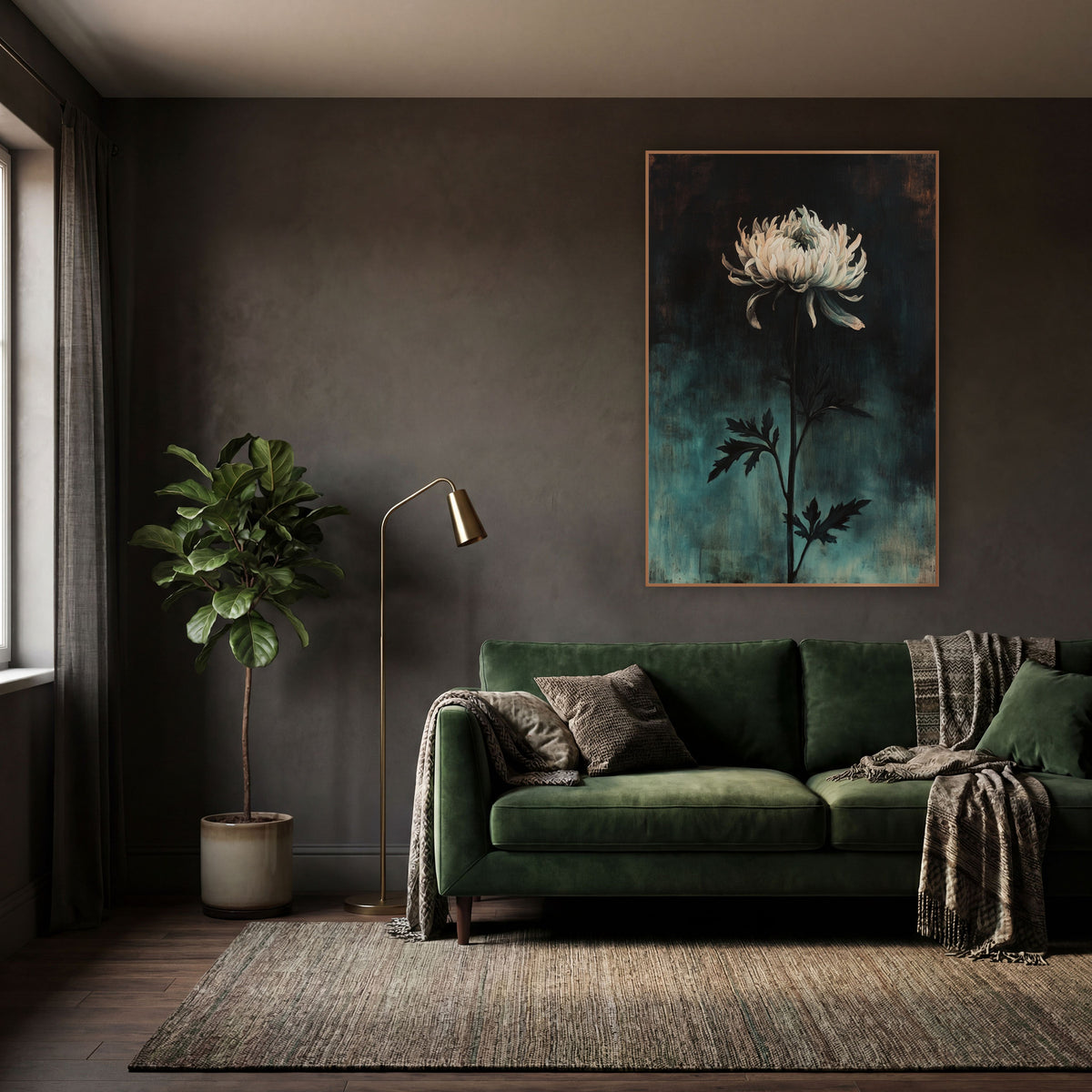 Drooping Chrysanthemum Dusk Dark Academia wall art in a moody dark academia room – single cream chrysanthemum