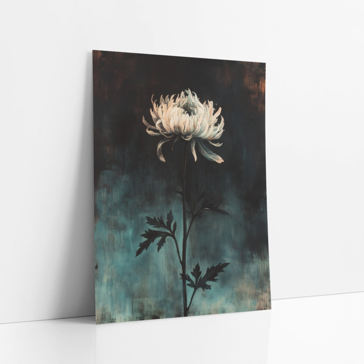 Drooping Chrysanthemum Dusk Dark Academia art print leaning against a white wall – single cream chrysanthemum on a tall dark