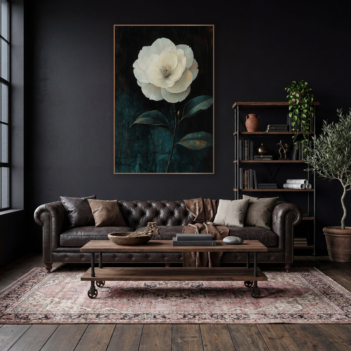Ivory Camellia Three Leaves Moody wall art in a moody dark academia room – large white camellia with layered ivory