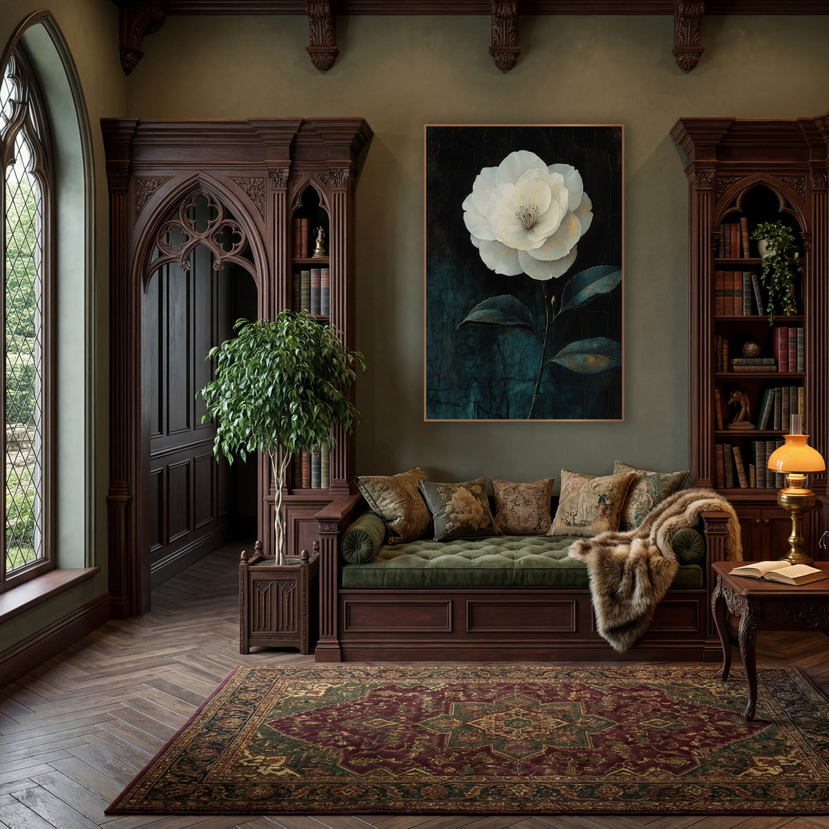 Ivory Camellia Three Leaves Moody wall art in a moody dark academia room – large white camellia with layered ivory