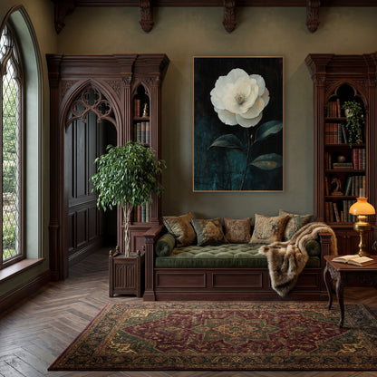 Ivory Camellia Three Leaves Moody wall art in a moody dark academia room – large white camellia with layered ivory