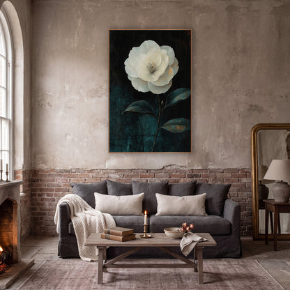 Ivory Camellia Three Leaves Moody wall art in a moody dark academia room – large white camellia with layered ivory
