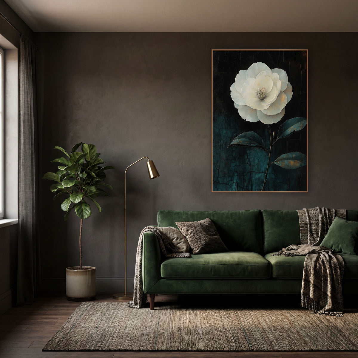 Ivory Camellia Three Leaves Moody wall art in a moody dark academia room – large white camellia with layered ivory