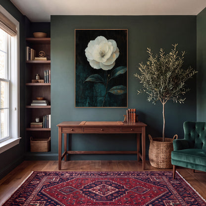 Ivory Camellia Three Leaves Moody wall art in a moody dark academia room – large white camellia with layered ivory