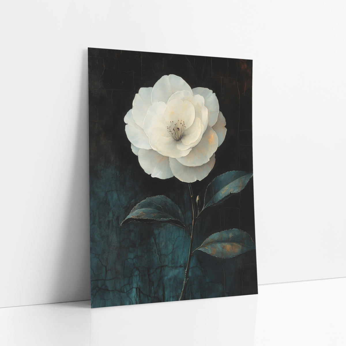 Ivory Camellia Three Leaves Moody art print leaning against a white wall – large white camellia with layered ivory petals