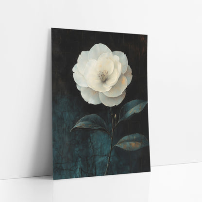 Ivory Camellia Three Leaves Moody art print leaning against a white wall – large white camellia with layered ivory petals
