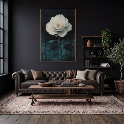 Pale Camellia Bud Drips Gothic wall art in a moody dark academia room – large white camellia flower with golden