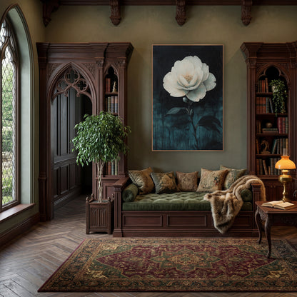 Pale Camellia Bud Drips Gothic wall art in a moody dark academia room – large white camellia flower with golden