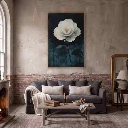Pale Camellia Bud Drips Gothic wall art in a moody dark academia room – large white camellia flower with golden