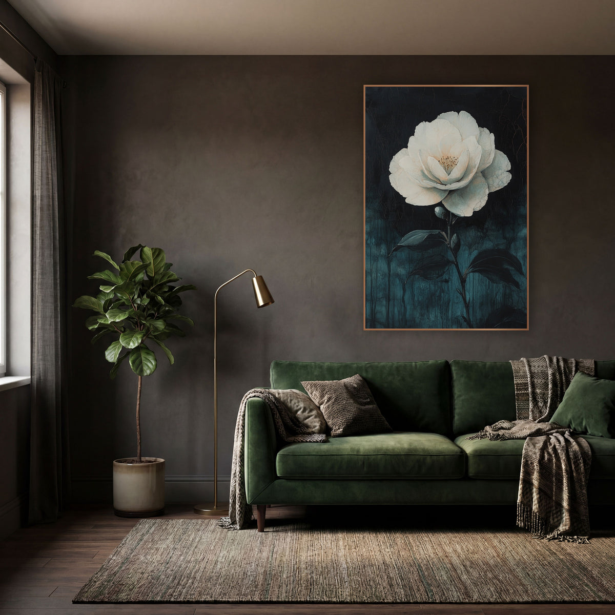 Pale Camellia Bud Drips Gothic wall art in a moody dark academia room – large white camellia flower with golden