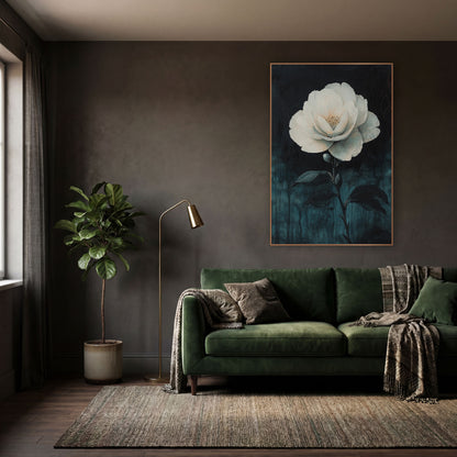 Pale Camellia Bud Drips Gothic wall art in a moody dark academia room – large white camellia flower with golden