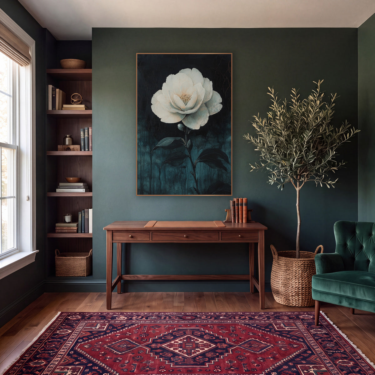 Pale Camellia Bud Drips Gothic wall art in a moody dark academia room – large white camellia flower with golden
