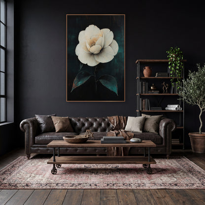 White Camellia Dark Academia Botanical wall art in a moody dark academia room – large white camellia