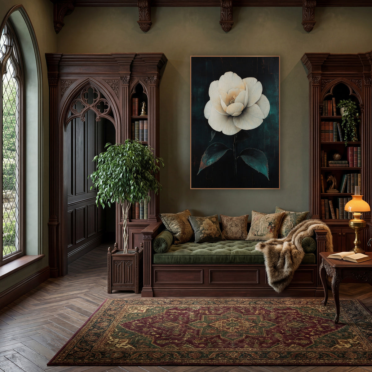 White Camellia Dark Academia Botanical wall art in a moody dark academia room – large white camellia