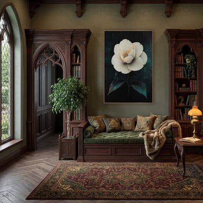 White Camellia Dark Academia Botanical wall art in a moody dark academia room – large white camellia