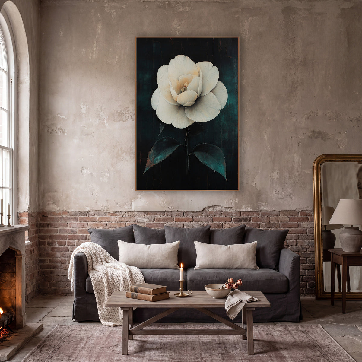 White Camellia Dark Academia Botanical wall art in a moody dark academia room – large white camellia