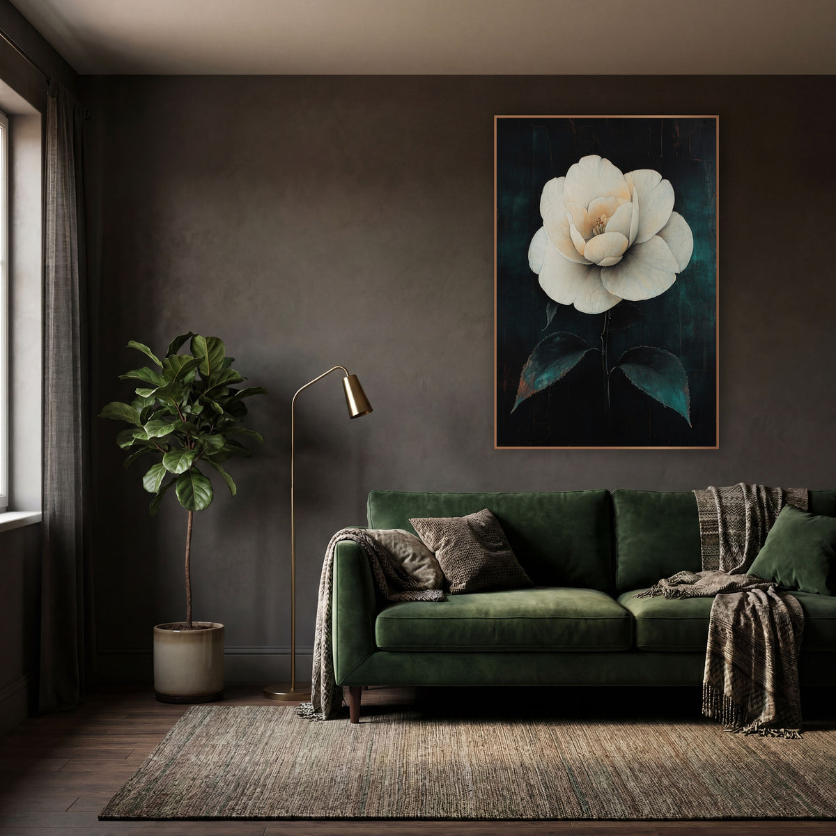 White Camellia Dark Academia Botanical wall art in a moody dark academia room – large white camellia