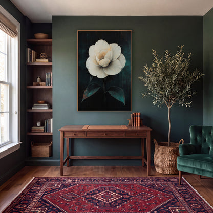 White Camellia Dark Academia Botanical wall art in a moody dark academia room – large white camellia