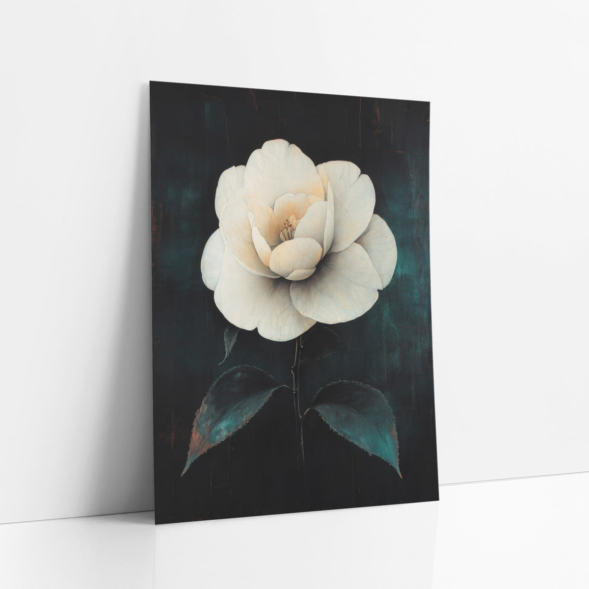 White Camellia Dark Academia Botanical art print leaning against a white wall – large white camellia with cracked-looking
