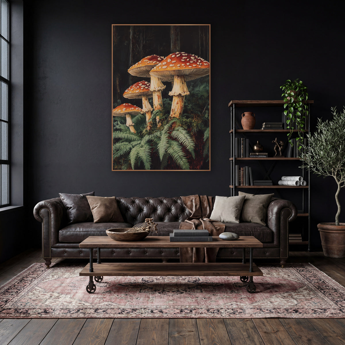 Four Mushroom Fern Forest Botanical wall art in a moody dark academia room – four orange-red mushrooms with white
