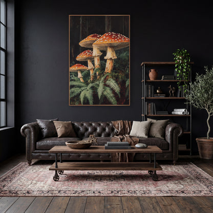 Four Mushroom Fern Forest Botanical wall art in a moody dark academia room – four orange-red mushrooms with white