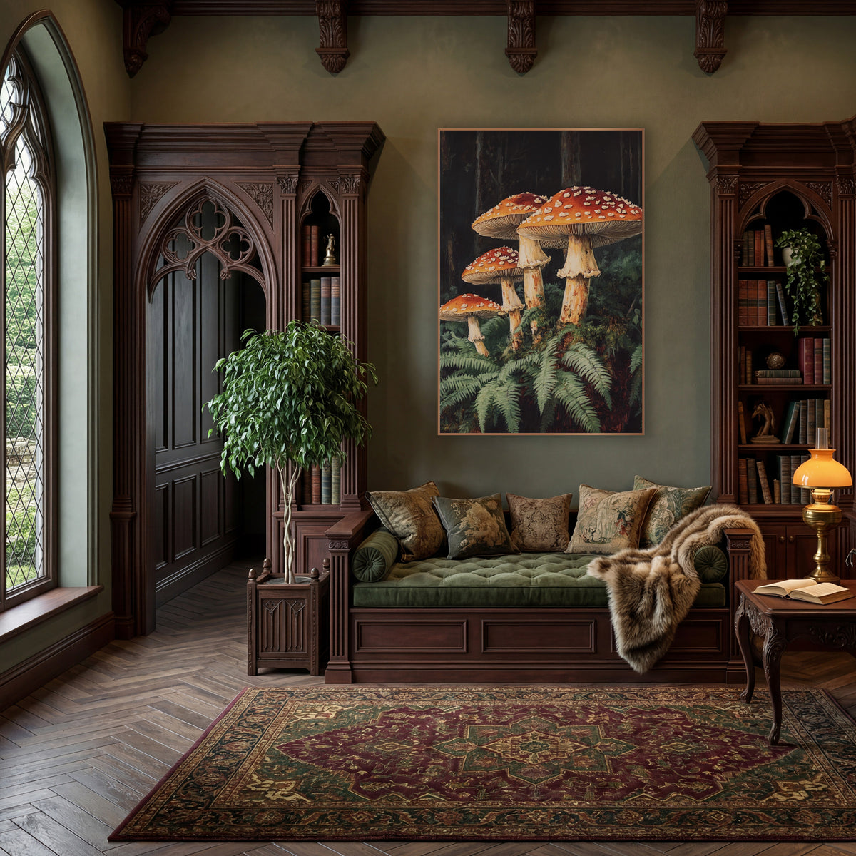 Four Mushroom Fern Forest Botanical wall art in a moody dark academia room – four orange-red mushrooms with white