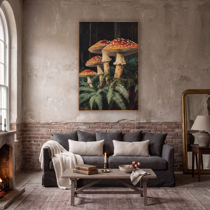 Four Mushroom Fern Forest Botanical wall art in a moody dark academia room – four orange-red mushrooms with white