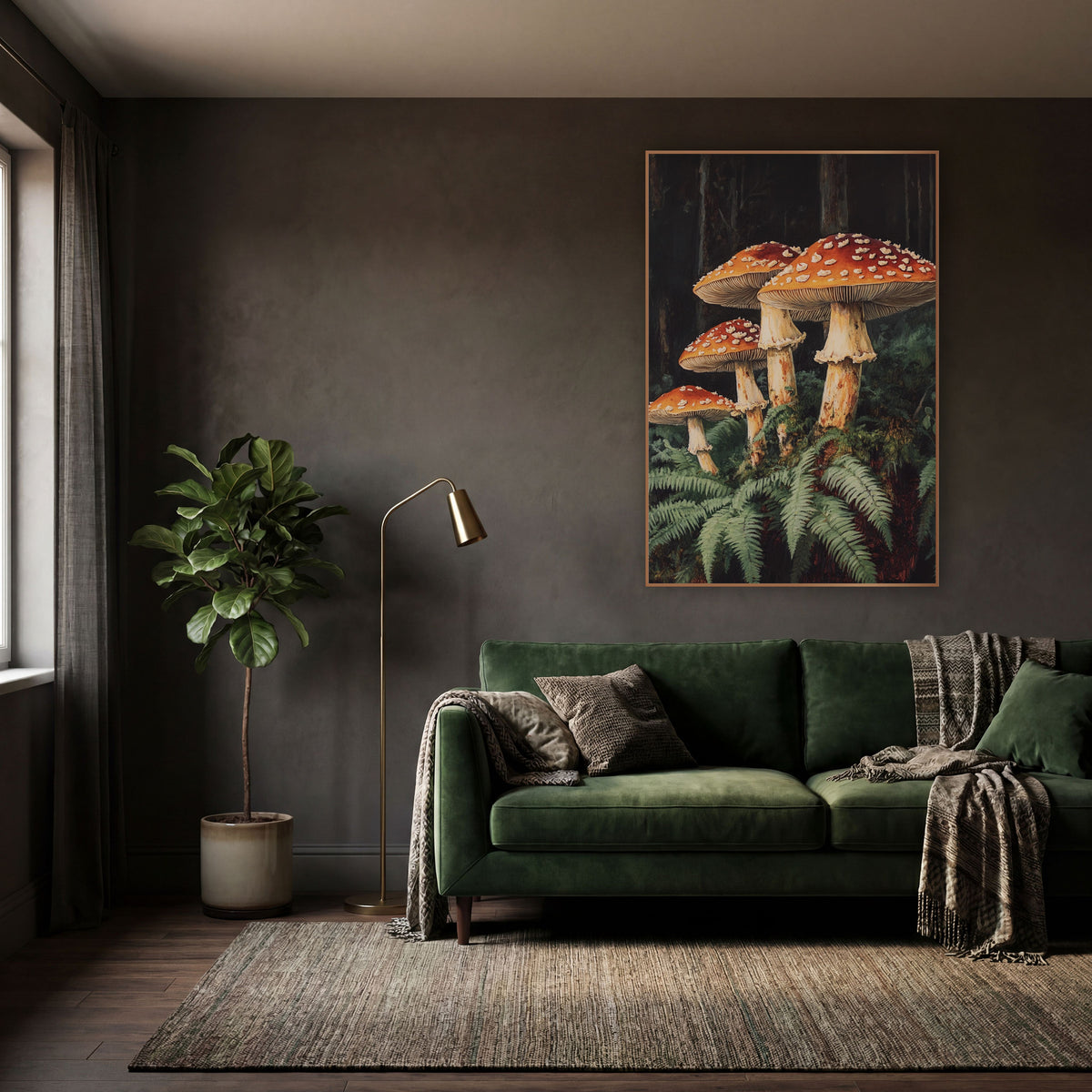 Four Mushroom Fern Forest Botanical wall art in a moody dark academia room – four orange-red mushrooms with white