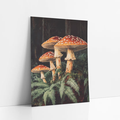 Four Mushroom Fern Forest Botanical art print leaning against a white wall – four orange-red mushrooms with white spots
