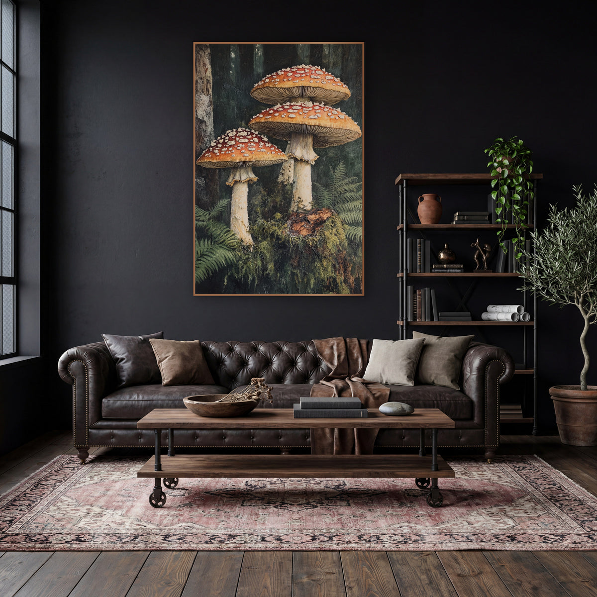 Mossy Stump Mushroom Trio Moody wall art in a moody dark academia room – three red-orange mushrooms with white spots