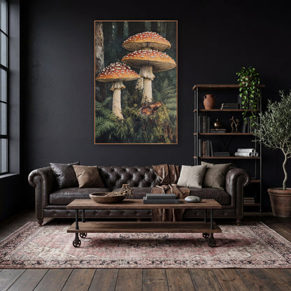 Mossy Stump Mushroom Trio Moody wall art in a moody dark academia room – three red-orange mushrooms with white spots