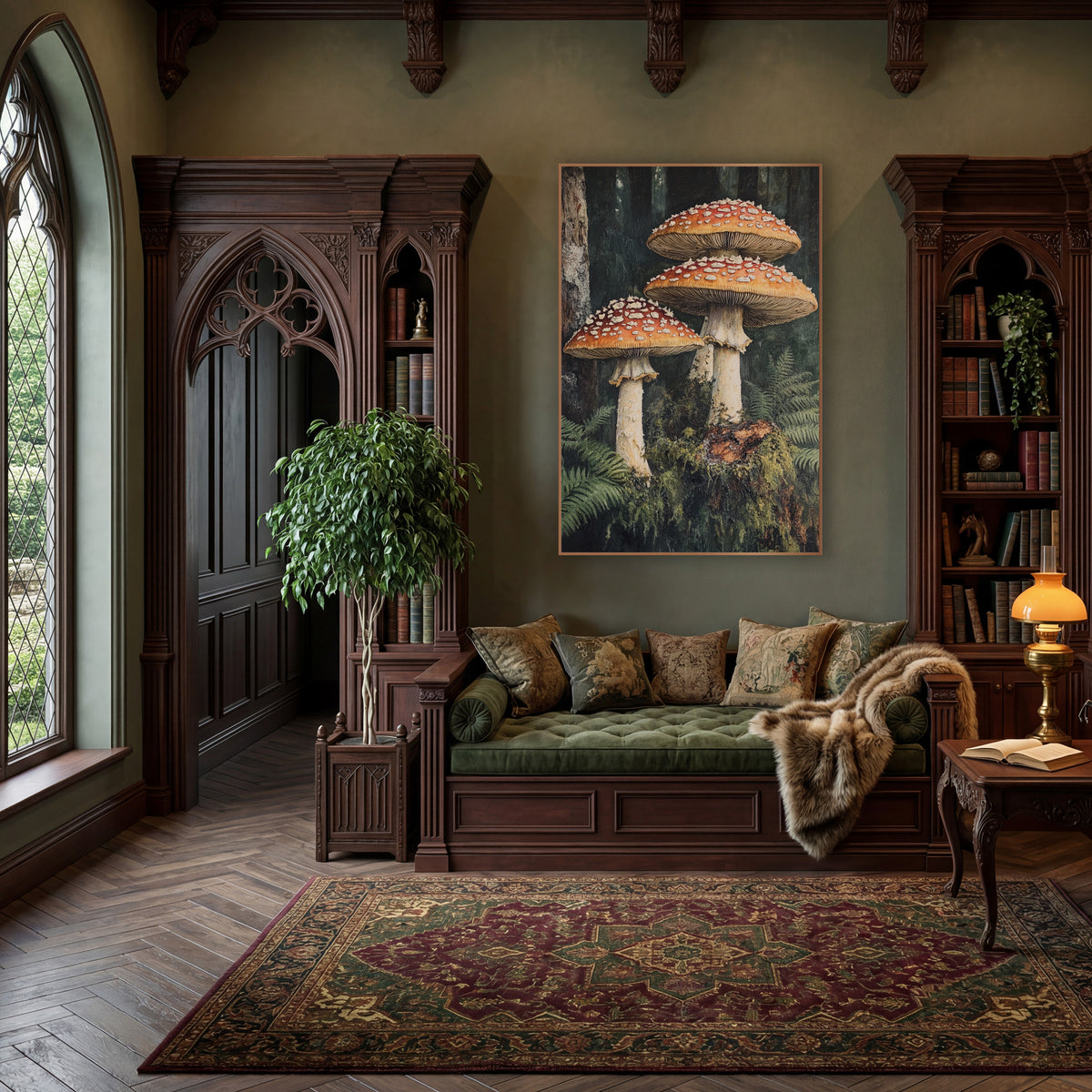 Mossy Stump Mushroom Trio Moody wall art in a moody dark academia room – three red-orange mushrooms with white spots