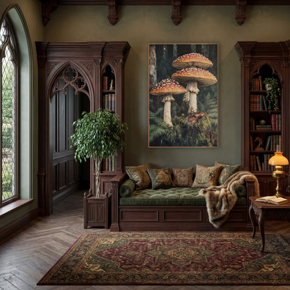 Mossy Stump Mushroom Trio Moody wall art in a moody dark academia room – three red-orange mushrooms with white spots