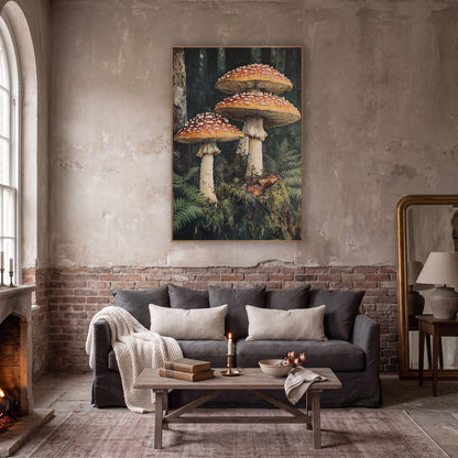 Mossy Stump Mushroom Trio Moody wall art in a moody dark academia room – three red-orange mushrooms with white spots