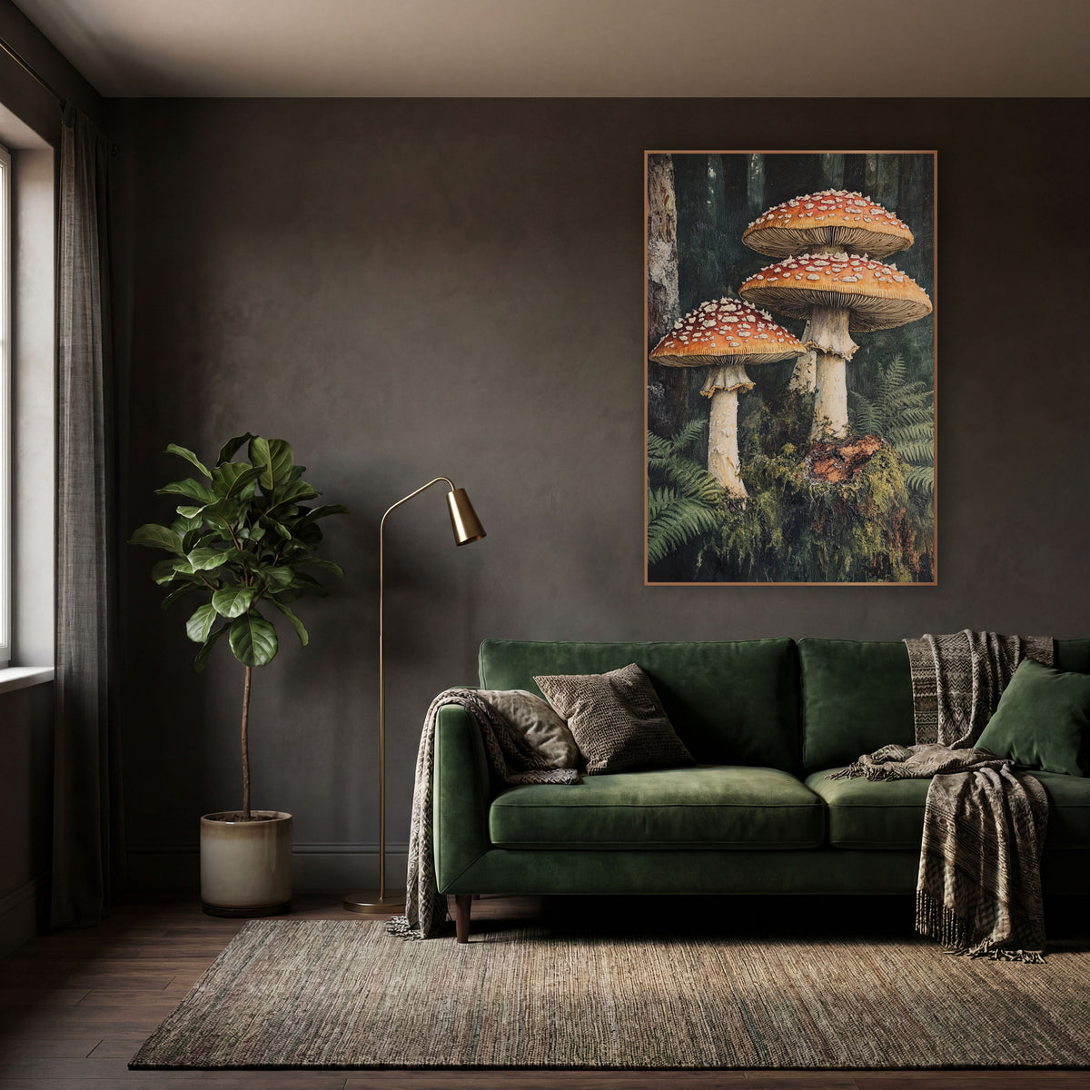 Mossy Stump Mushroom Trio Moody wall art in a moody dark academia room – three red-orange mushrooms with white spots