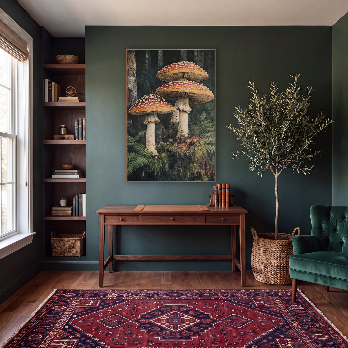 Mossy Stump Mushroom Trio Moody wall art in a moody dark academia room – three red-orange mushrooms with white spots