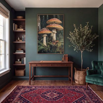 Mossy Stump Mushroom Trio Moody wall art in a moody dark academia room – three red-orange mushrooms with white spots