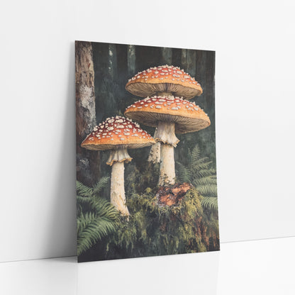 Mossy Stump Mushroom Trio Moody art print leaning against a white wall – three red-orange mushrooms with white spots