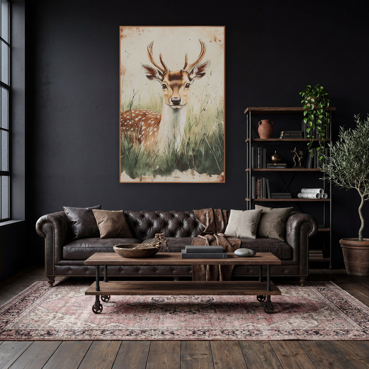 Frontal Fallow Buck Classic wall art in a moody dark academia room – spotted deer with antlers resting in tall green