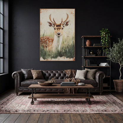 Frontal Fallow Buck Classic wall art in a moody dark academia room – spotted deer with antlers resting in tall green