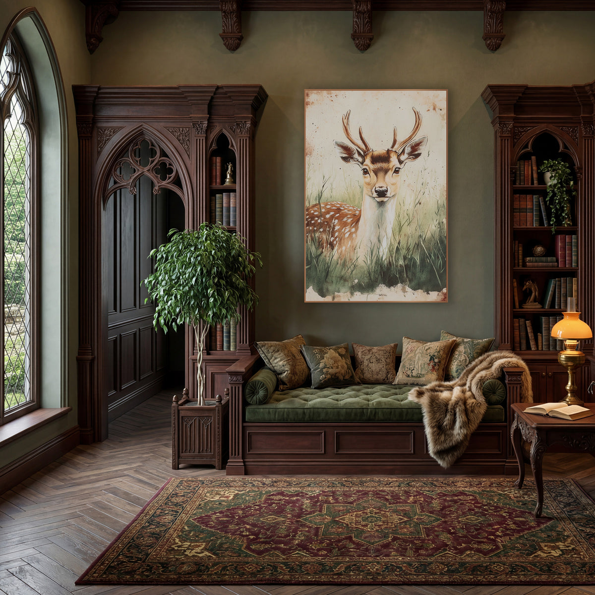 Frontal Fallow Buck Classic wall art in a moody dark academia room – spotted deer with antlers resting in tall green