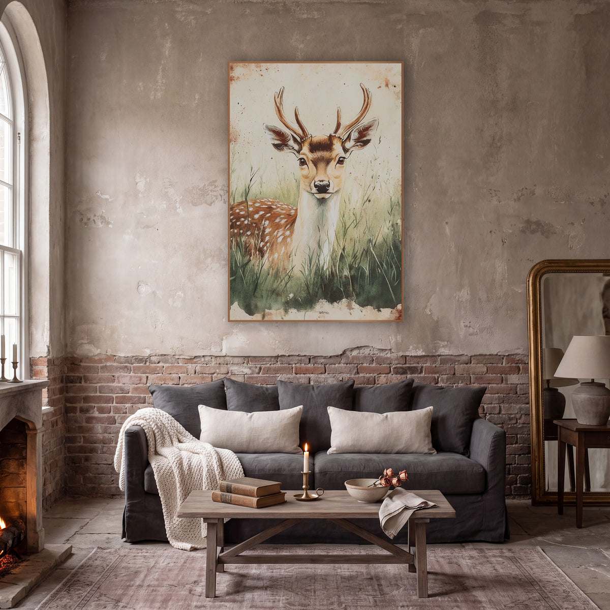 Frontal Fallow Buck Classic wall art in a moody dark academia room – spotted deer with antlers resting in tall green