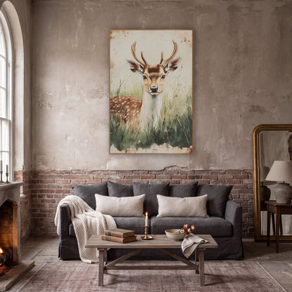 Frontal Fallow Buck Classic wall art in a moody dark academia room – spotted deer with antlers resting in tall green